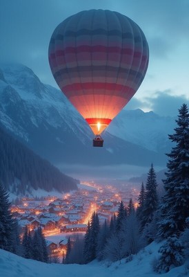 Hot air balloon floats over snowy village at dusk