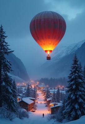 Hot air balloon glows over snowy village at dusk