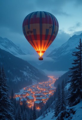Hot air balloon floats over snowy mountain town at dusk