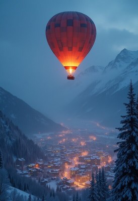 Balloon glows over snowy mountain village at dusk