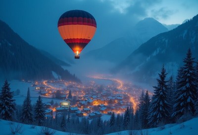 Hot air balloon floats over a snowy village at dusk