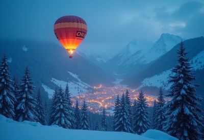 Hot air balloon over a snowy mountain village at dusk