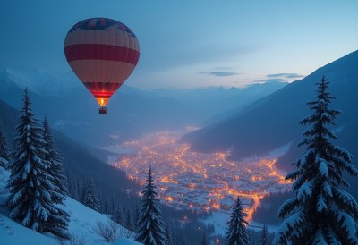 Night hot air balloon ride over a snowy valley