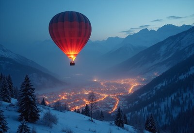 Hot air balloon over a snowy valley at dusk