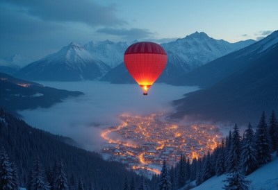 Hot air balloon floats over a mountain village at dusk
