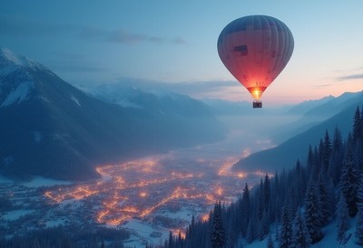 Hot air balloon floats over a snowy valley at dusk