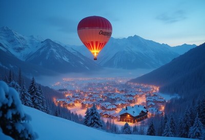 Hot air balloon floating over snowy village at dusk