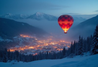 Hot air balloon floats over snowy mountain town at dusk