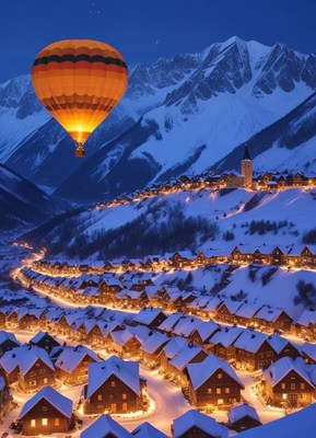 Hot air balloon floats over snowy village at night
