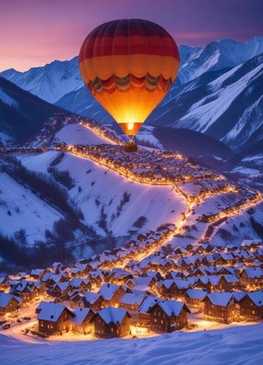 Hot air balloon over snowy village at sunset