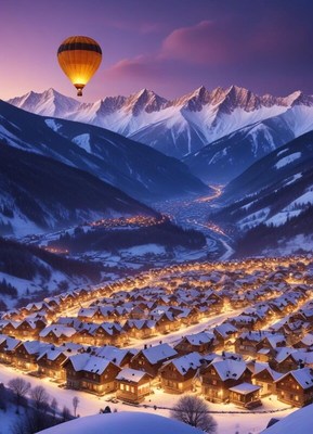 Hot air balloon over snowy mountain village at dusk