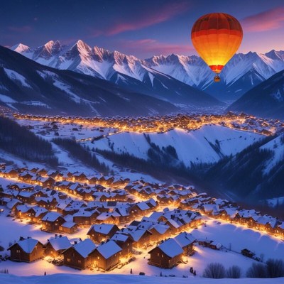 Hot air balloon over snowy village at sunset