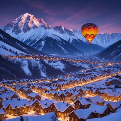 Hot air balloon soaring over snowy mountain village at dusk