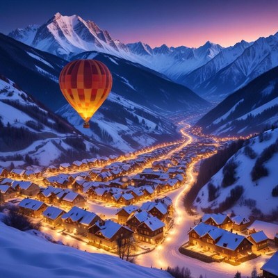 Hot air balloon above snowy village at sunset