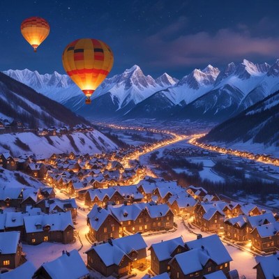 Hot air balloons over snow-covered village at night