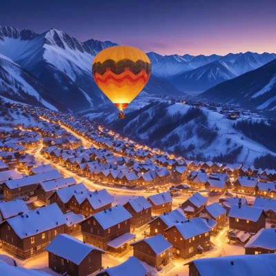 Hot air balloon over snowy village at twilight