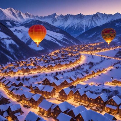 Hot Air Balloons over Snowy Mountain Village