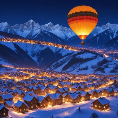 Hot air balloon floats over snowy village at night