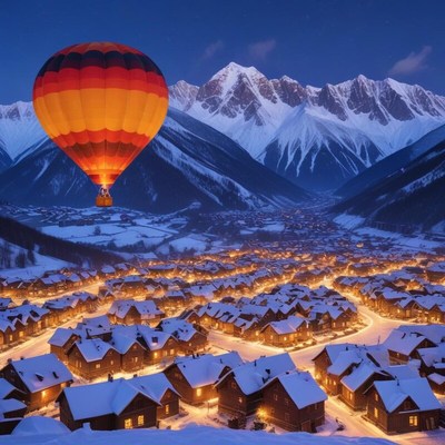 Hot air balloon over snowy village at night