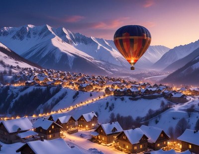 Hot air balloon over snowy village at dusk