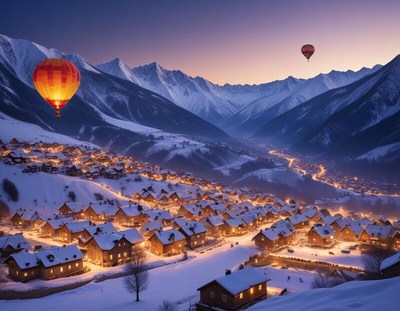 Hot air balloons rise over snowy mountain village at dusk