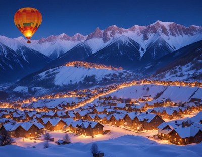 Hot air balloon floats over snowy village at night