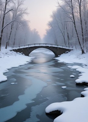 Scenic winter landscape with a bridge over a frozen river