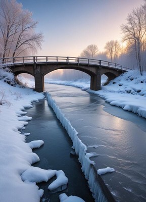 Winter morning at a frozen river with a quaint bridge