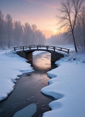 Scenic winter bridge over a quiet stream at sunrise