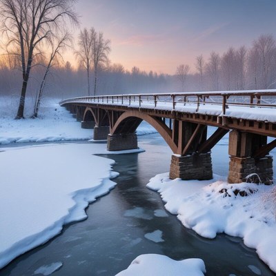 Winter morning scene with bridge over a frozen river
