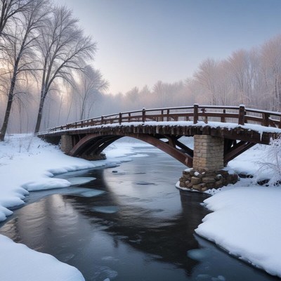 Snowy bridge crosses a calm river in winter landscape