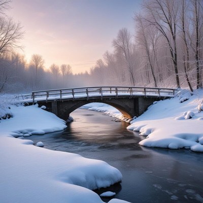 Winter scene with a bridge over a snowy river