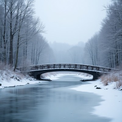 Snow covers a peaceful bridge over a frozen river