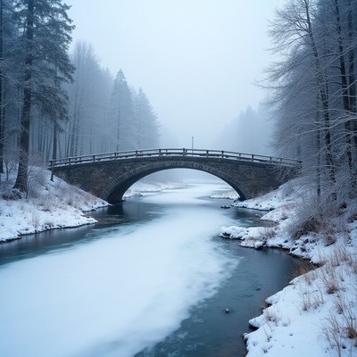 Winter scene featuring a bridge over a frozen river