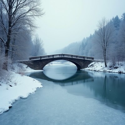 Snowy winter landscape with a bridge over a frozen river