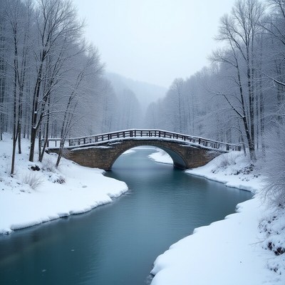 Winter scene with a bridge over a frozen river