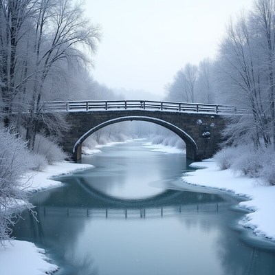 Winter scene with a stone bridge over a river