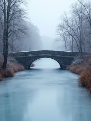 Winter scenery featuring a stone bridge over a river