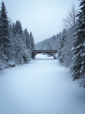 Winter scene with a snow-covered bridge and river