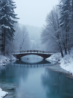 Snowy river scene with a bridge surrounded by trees