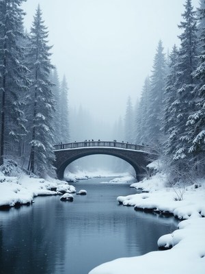 Winter landscape with a bridge and snow-covered trees