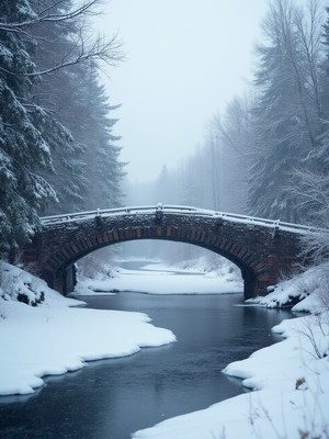 Snow-covered bridge in a serene winter landscape