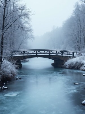 Serene winter landscape with a wooden bridge over water