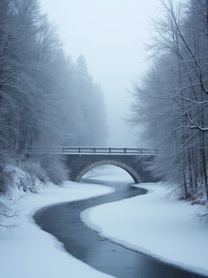 Snowy river winding under a bridge in winter fog