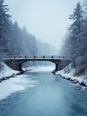 Snowy bridge over a serene river in winter landscape