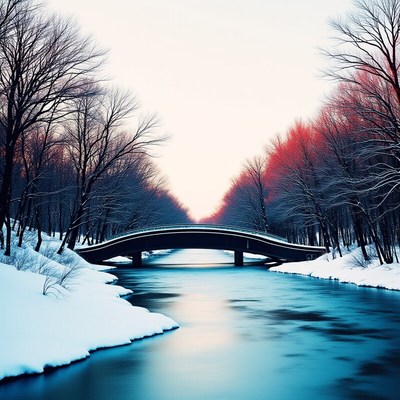 Winter scene with a bridge over a calm river at sunset