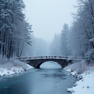 Winter scene with a stone bridge over a frozen river