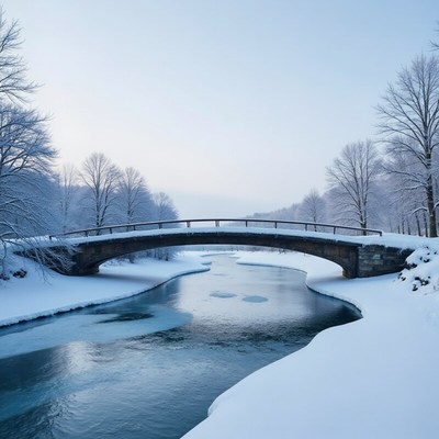 Snowy bridge over a tranquil river in winter landscape