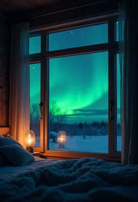 Northern lights seen from cozy cabin bedroom window
