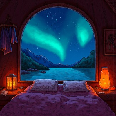 Cozy cabin view of aurora above serene lake at night